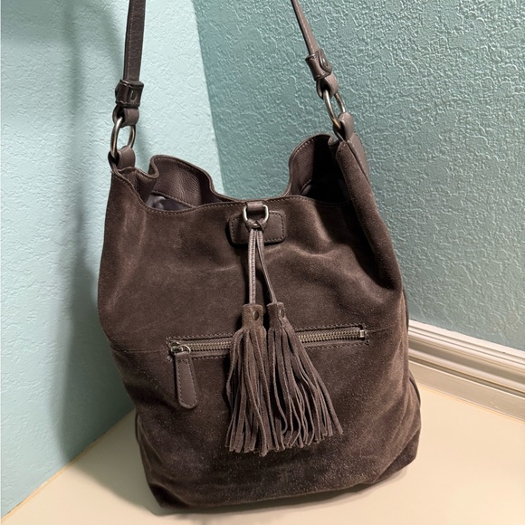 Frye Suede Leather Gray Shoulder Bag with Tassel Super Soft Leather Big Hobo Bag - Picture 1 of 9